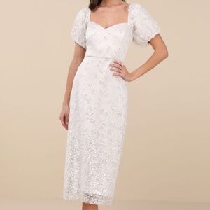 Lulus Glorious Poise Ivory Sequin Pearl Puff Sleeve Midi Dress White - Size L